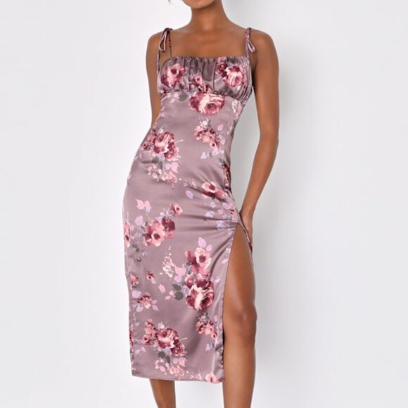 Lulus Dresses & Skirts - Lulus Fleur-ty Behavior Mauve Floral Satin Tie-strap Midi Dress Purple - Size S
